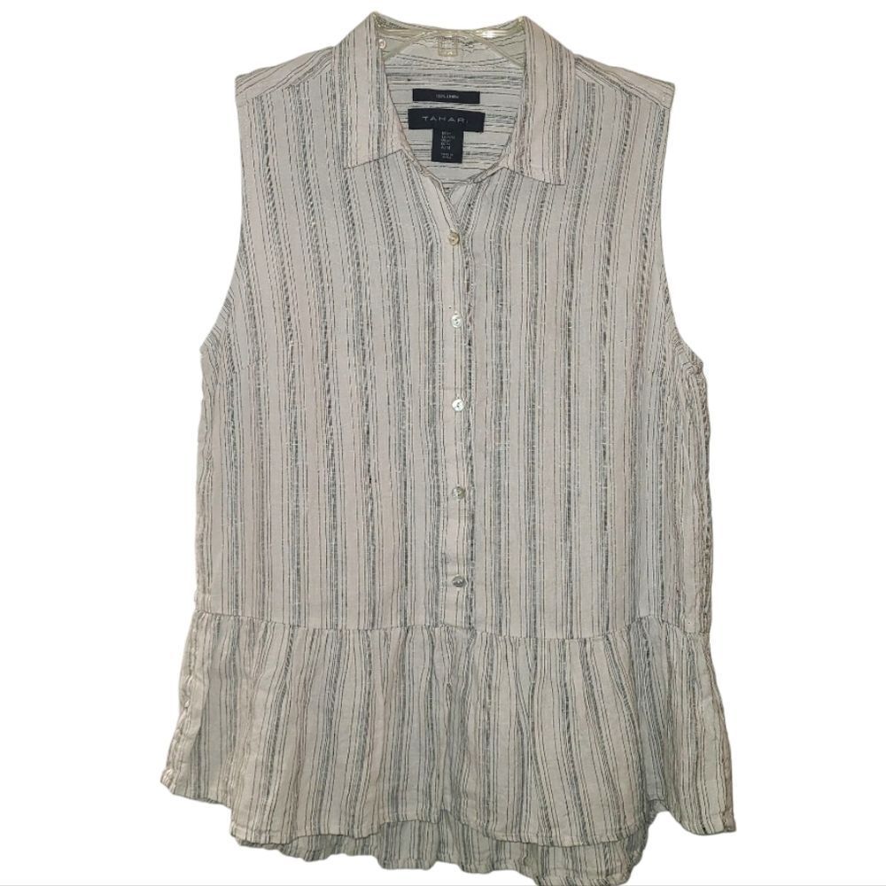 Tahari Linen Ruffle Sleeveless Blouse - Picture 2 of 12